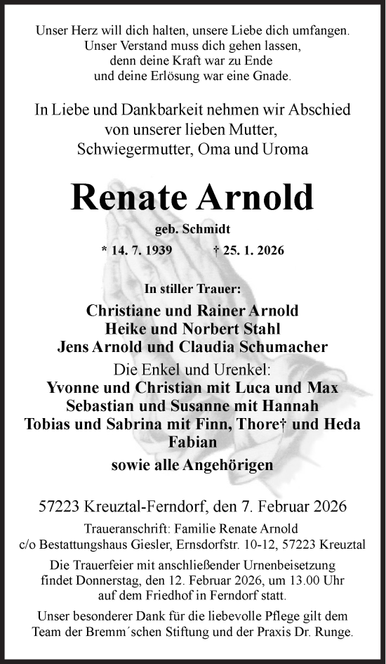 Traueranzeige von Renate Arnold von Siegener Zeitung