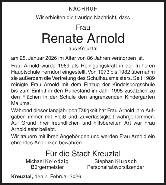 Traueranzeige von Renate Arnold von Siegener Zeitung