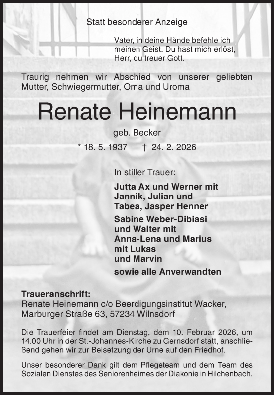 Traueranzeige von Renate Heinemann von Siegener Zeitung