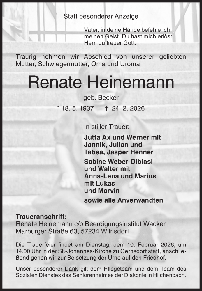  Traueranzeige für Renate Heinemann vom 06.02.2026 aus Siegener Zeitung
