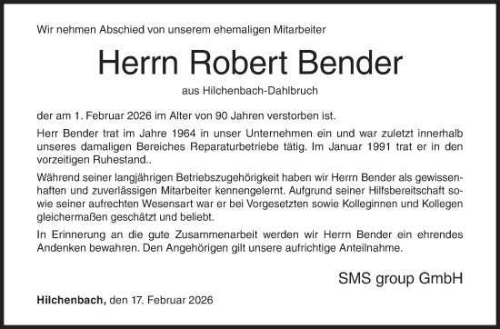 Traueranzeige von Robert Bender von Siegener Zeitung
