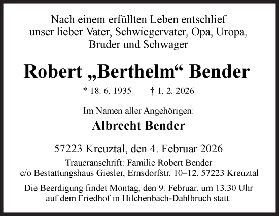 Traueranzeige von Robert Bender von Siegener Zeitung