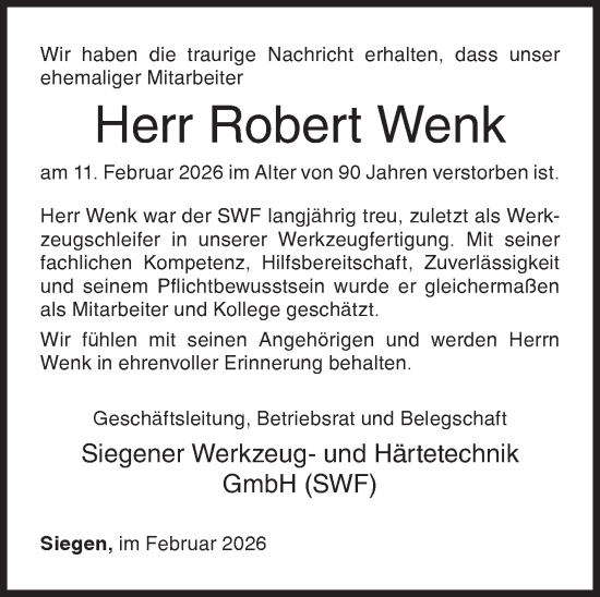 Traueranzeige von Robert Wenk von Siegener Zeitung
