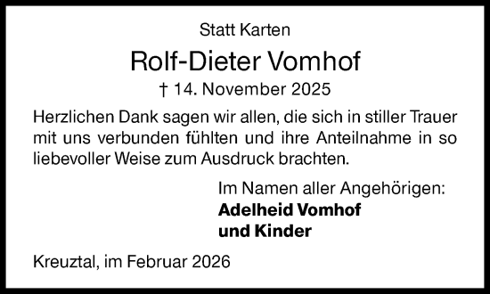 Traueranzeige von Rolf-Dieter Vomhof von Siegener Zeitung