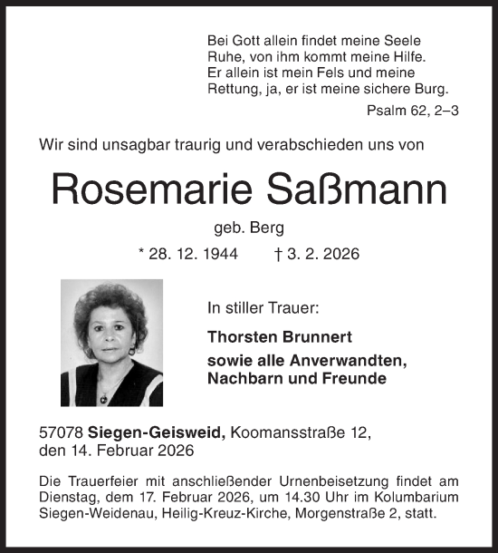Traueranzeige von Rosemarie Saßmann von Siegener Zeitung