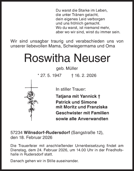 Traueranzeige von Roswitha Neuser von Siegener Zeitung