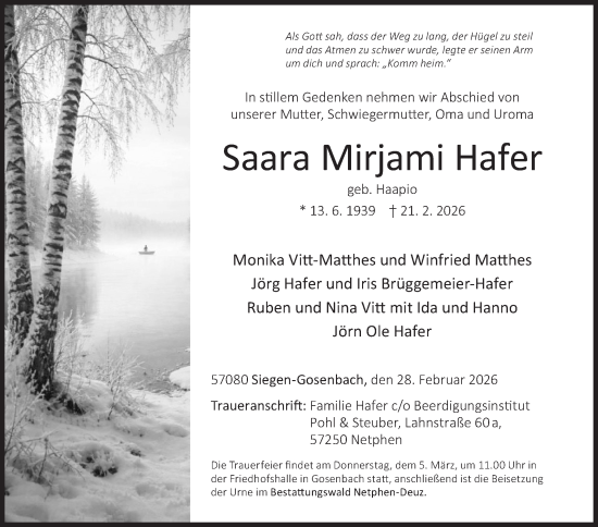 Traueranzeige von Saara Mirjami Hafer von Siegener Zeitung
