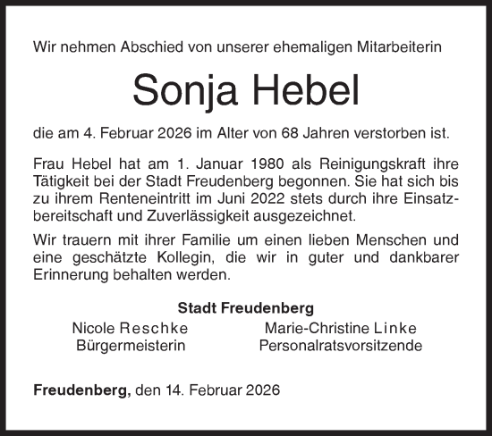 Traueranzeige von Sonja Hebel von Siegener Zeitung