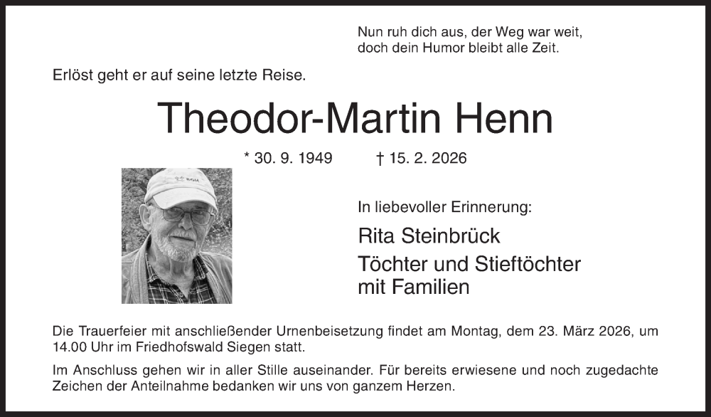  Traueranzeige für Theodor-Martin Henn vom 21.02.2026 aus Siegener Zeitung