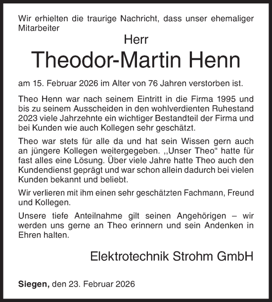 Traueranzeige von Theodor-Martin Henn von Siegener Zeitung