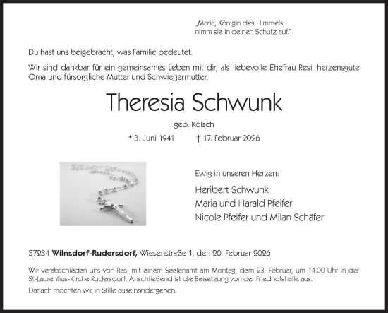 Traueranzeige von Theresia Schwunk von Siegener Zeitung