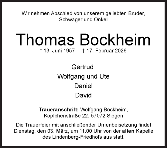 Traueranzeige von Thomas Bockheim von Siegener Zeitung