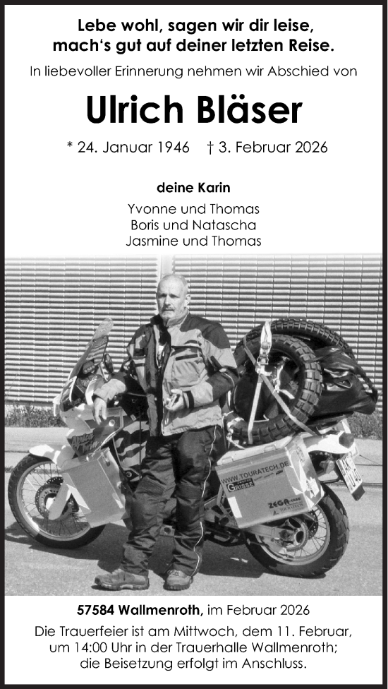 Traueranzeige von Ulrich Bläser von Siegener Zeitung