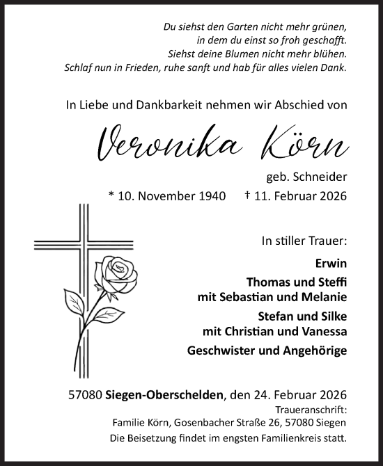Traueranzeige von Veronika Korn von Siegener Zeitung