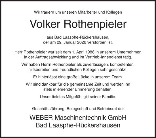 Traueranzeige von Volker Rothenpieler von Siegener Zeitung