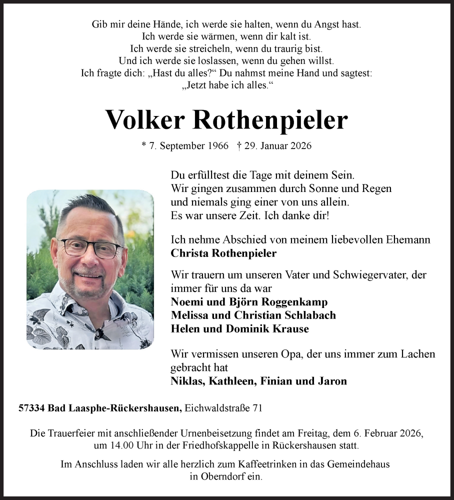 Traueranzeige für Volker Rothenpieler vom 03.02.2026 aus Siegener Zeitung