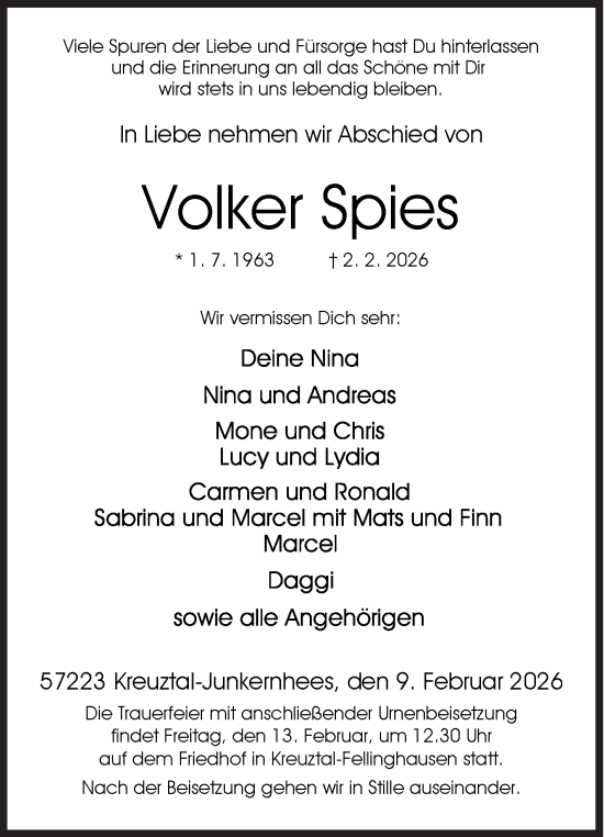 Traueranzeige von Volker Spies von Siegener Zeitung