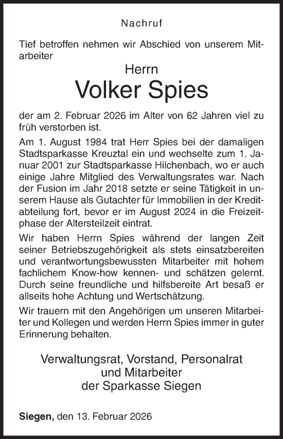 Traueranzeige von Volker Spies von Siegener Zeitung
