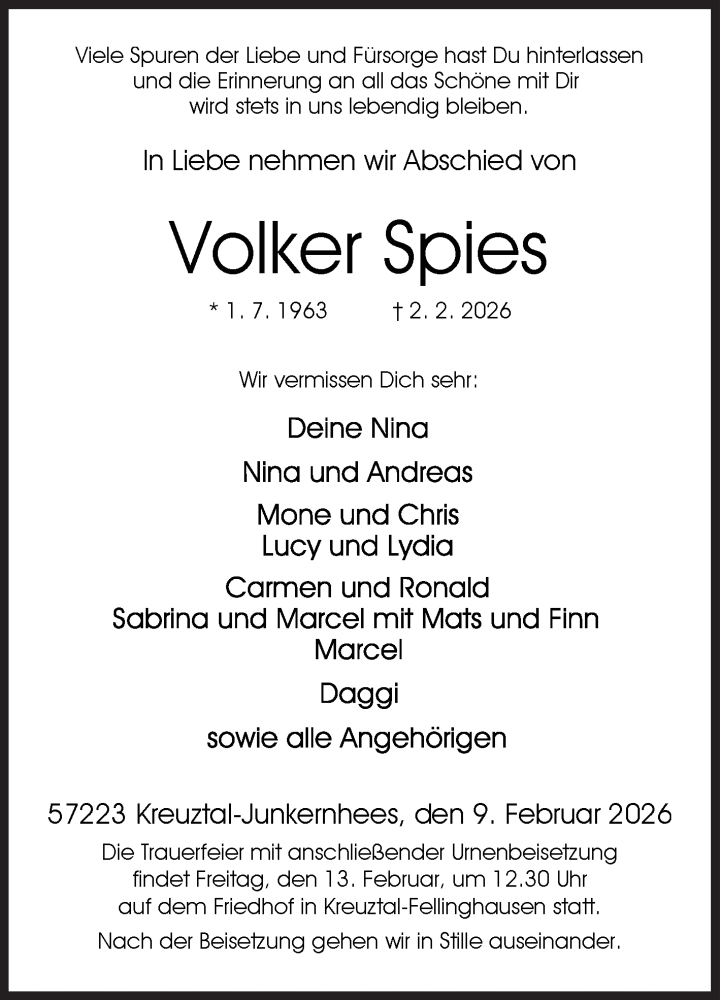  Traueranzeige für Volker Spies vom 09.02.2026 aus Siegener Zeitung