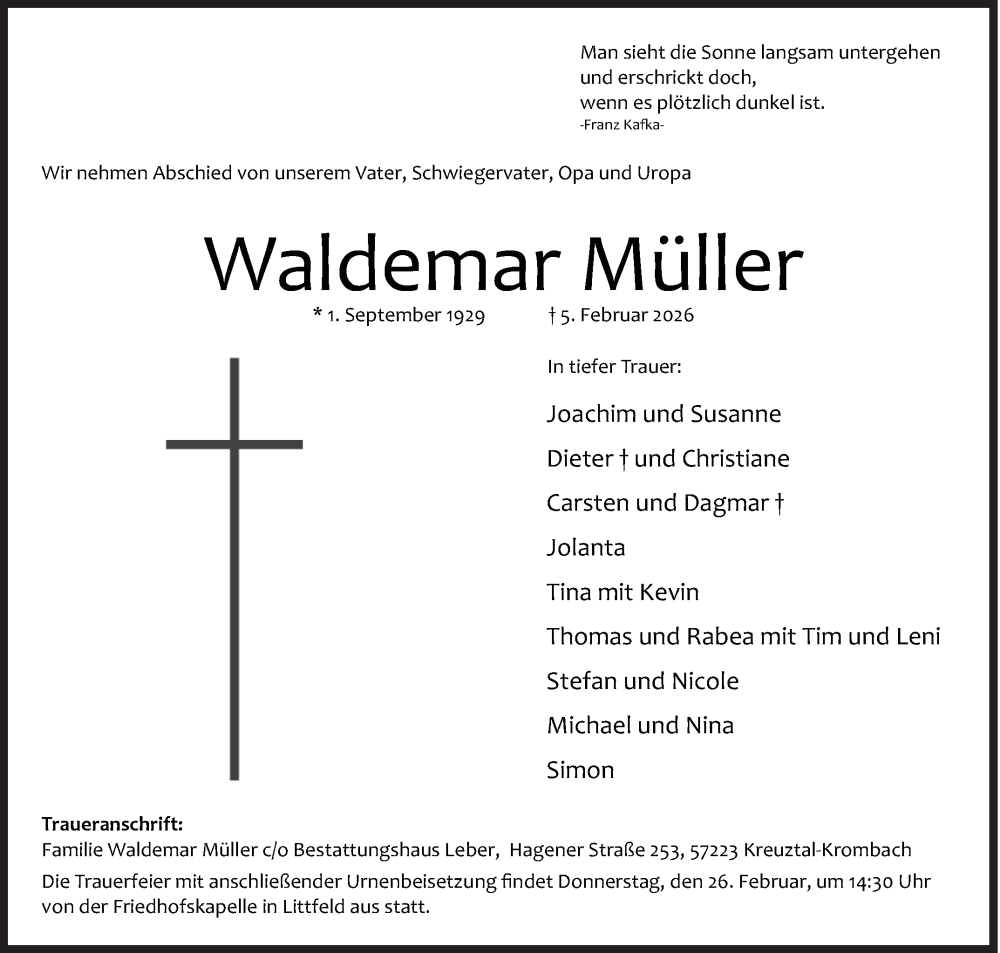  Traueranzeige für Waldemar Müller vom 21.02.2026 aus Siegener Zeitung