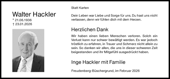 Traueranzeige von Walter Hackler von Siegener Zeitung