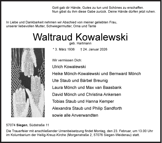 Traueranzeige von Waltraud Kowalewski von Siegener Zeitung