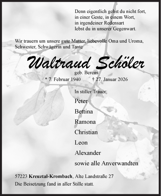 Traueranzeige von Waltraud Schöler von Siegener Zeitung