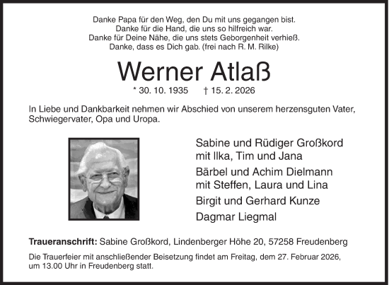 Traueranzeige von Werner Atlaß von Siegener Zeitung