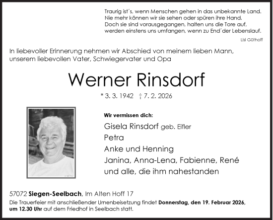 Traueranzeige von Werner Rinsdorf von Siegener Zeitung