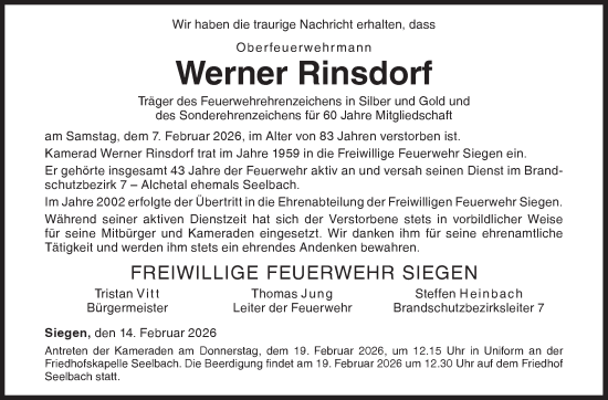 Traueranzeige von Werner Rinsdorf von Siegener Zeitung