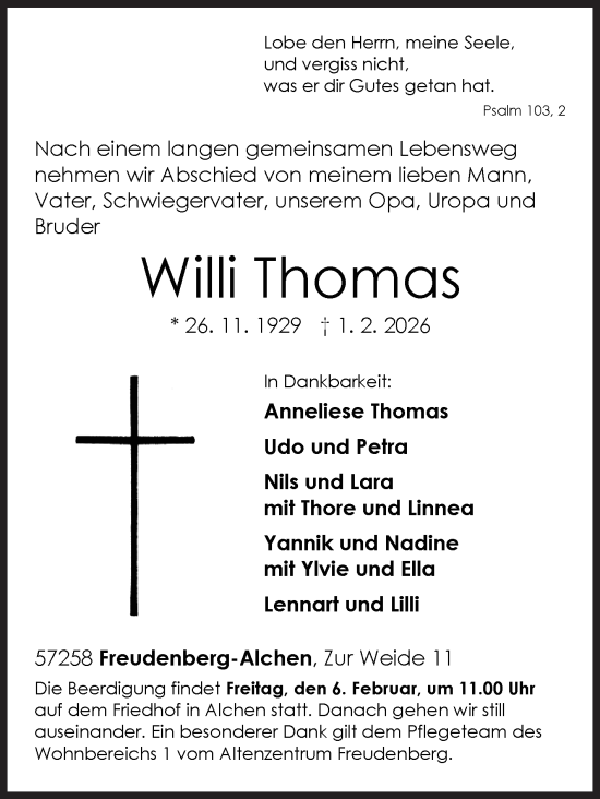 Traueranzeige von Willi Thomas von Siegener Zeitung
