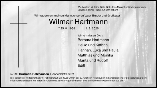 Traueranzeige von Wilmar Hartmann von Siegener Zeitung